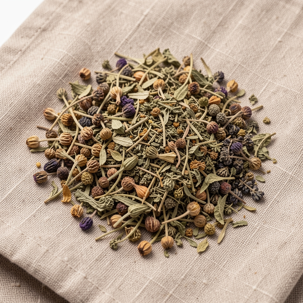 Close-up of dried botanical herb samples laid flat on natural linen cloth under controlled bright studio lighting, catalogued for ingredient sourcing review