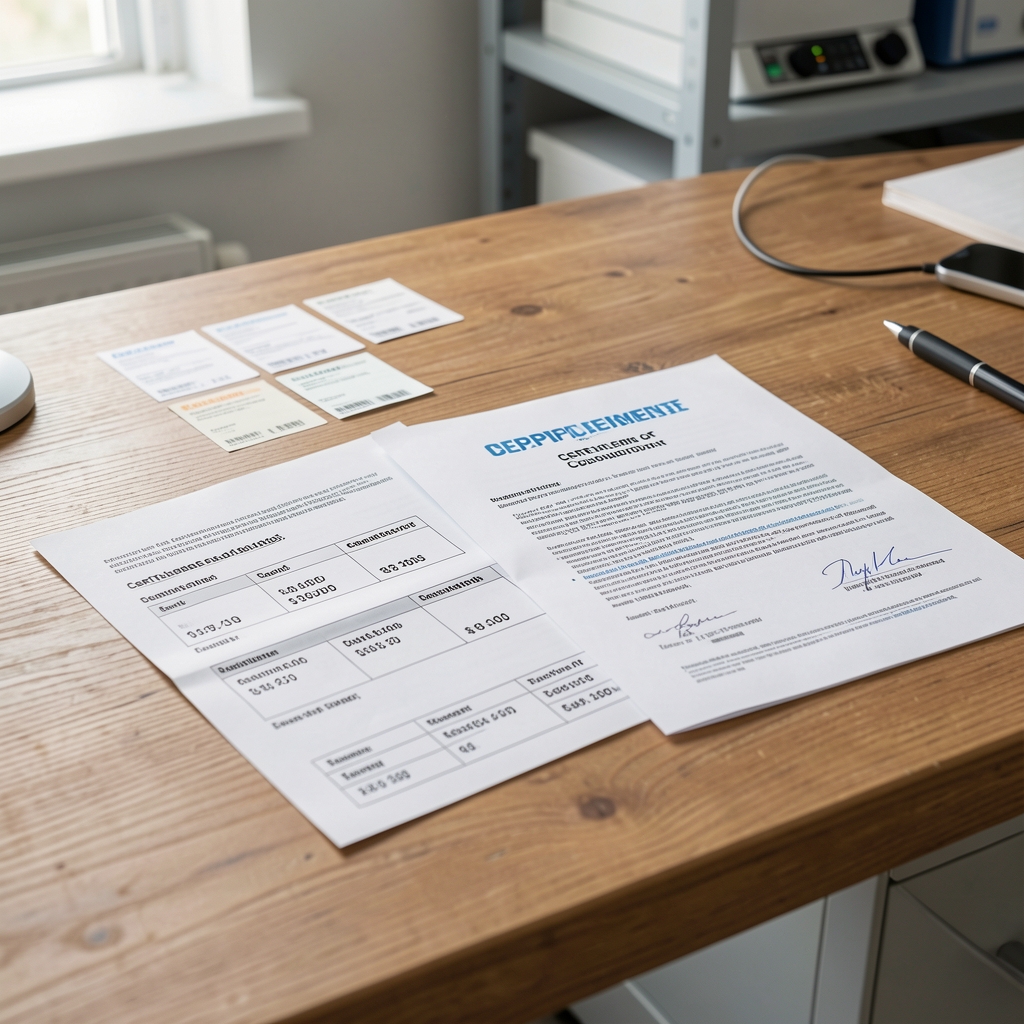 Supplement batch code labels and certificate of composition documents spread on a wooden desk surface in a clean workspace environment