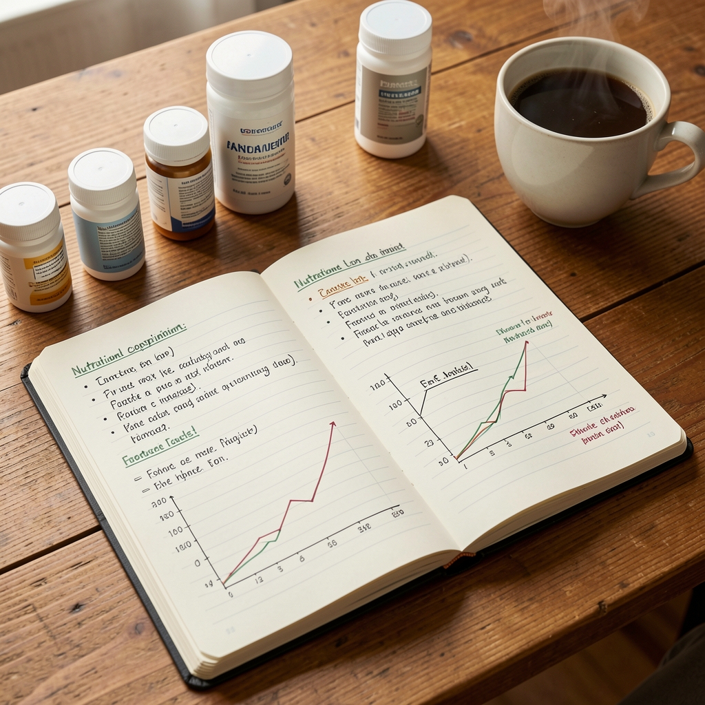 Open notebook with handwritten nutritional composition notes and elemental profile sketches on a warm wooden desk alongside supplement containers and morning coffee