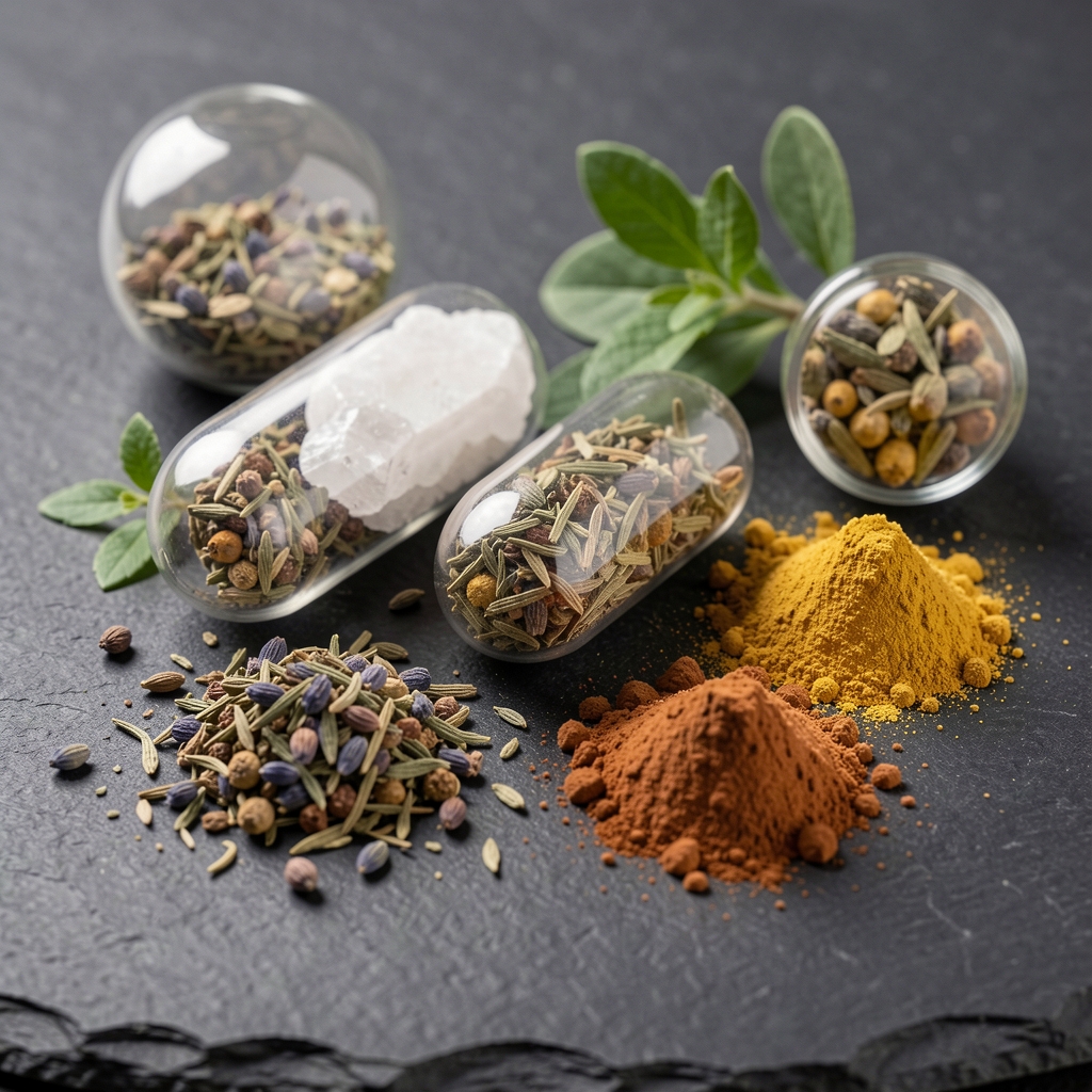 Close-up of natural mineral capsules and botanical extract powders arranged on a dark stone surface, studio lighting