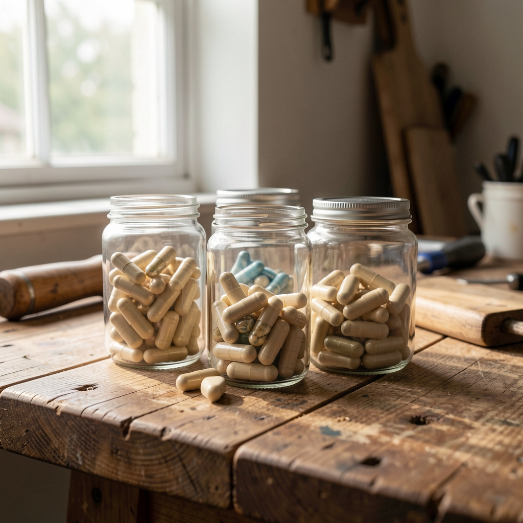 Natural mineral supplement capsules in clear glass containers on a wooden workbench with natural light entering from a window