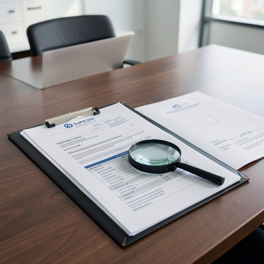 Supplier documentation folders and chain-of-custody certificates laid open on a conference table with a magnifying glass placed over an ingredient analysis report