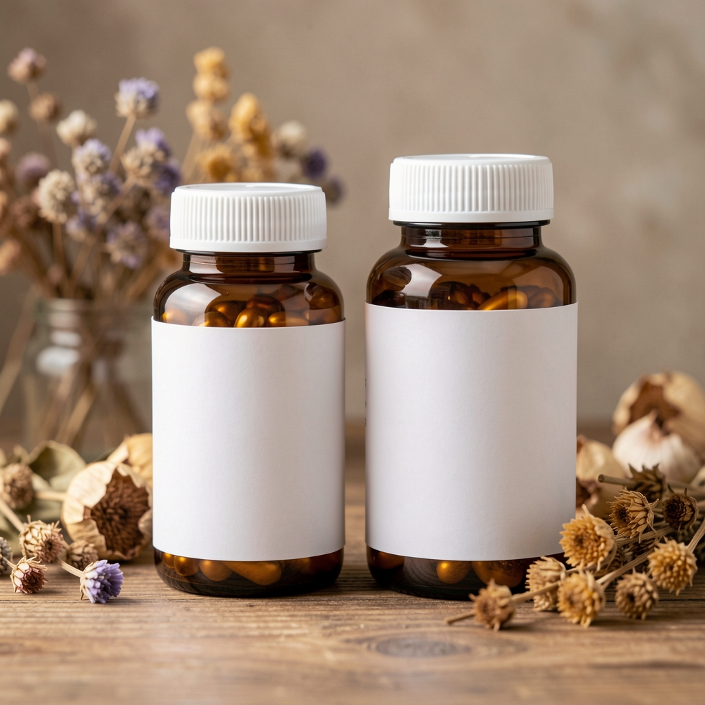 Vitamin D3 and B-complex supplement bottles with clean white labels displayed on a wooden surface with dried botanicals in the background