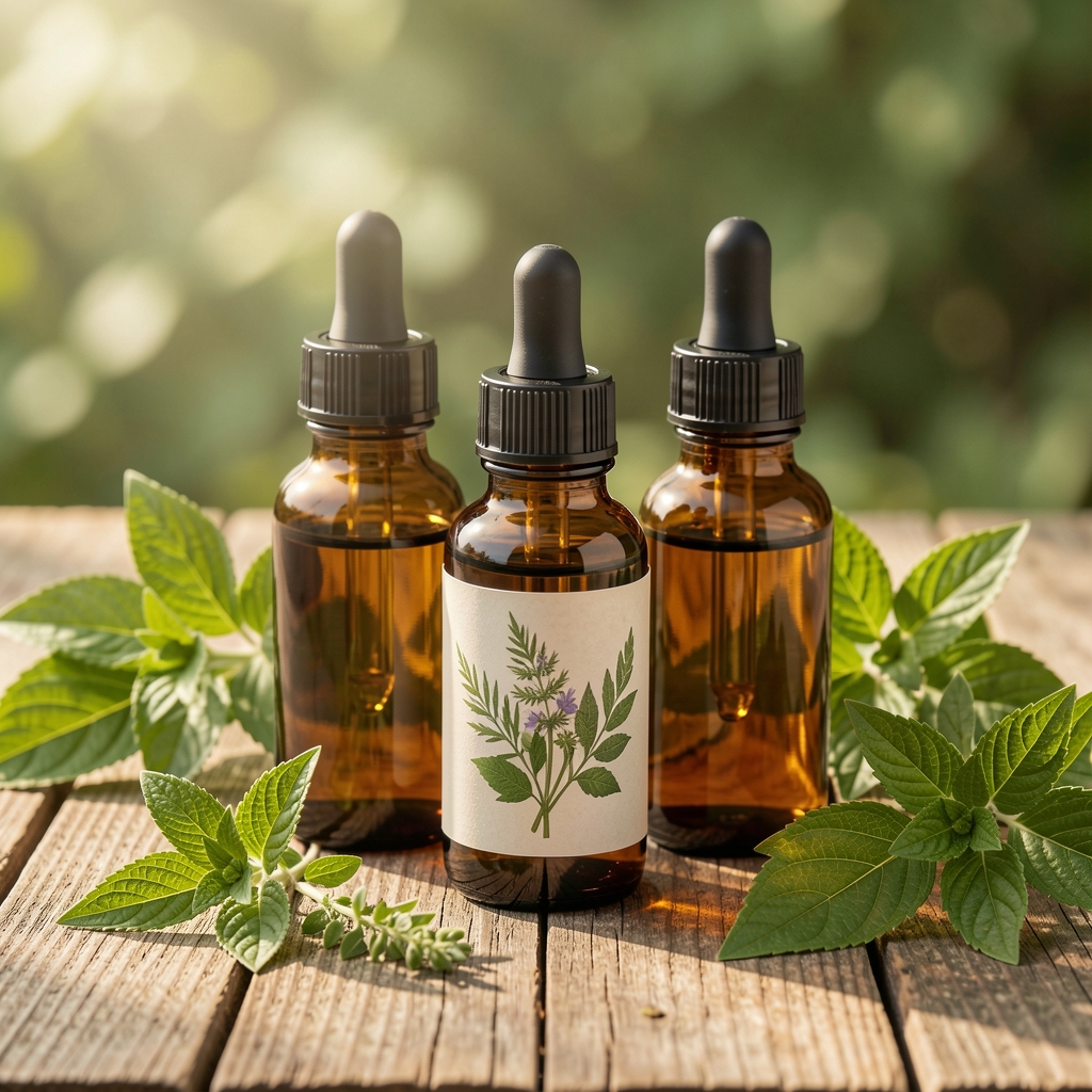 Plant-based botanical herbal supplement extract in amber glass dropper bottles on a rustic wooden table with green leaves in natural light